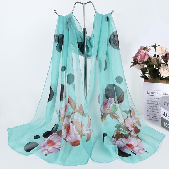 Women's Lake Blue Fashion Lightweight Head Scarf Floral Print Chiffon Scarves - Picture 3 of 7